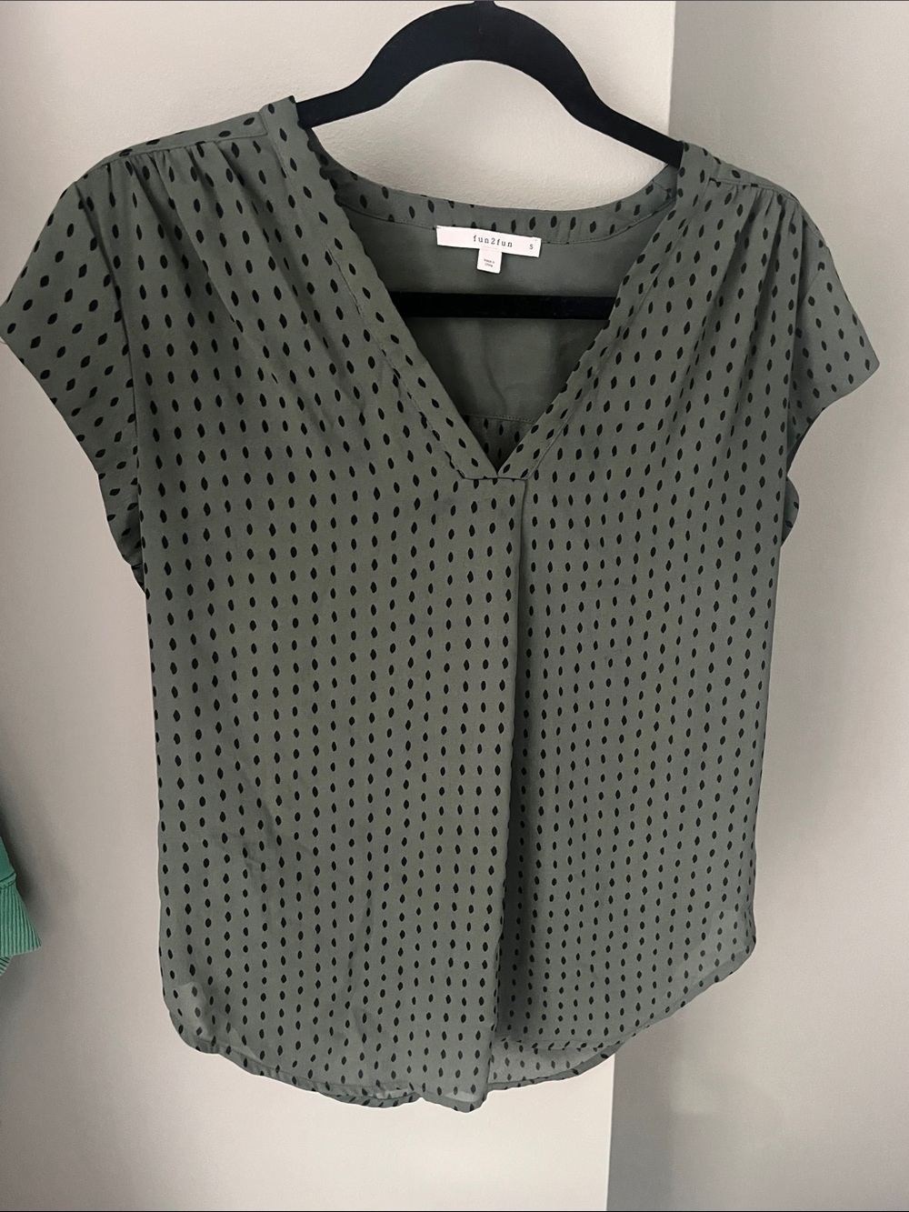 Fun2fun Olive Green Polka Dot V-Neck Cap Sleeve Blouse